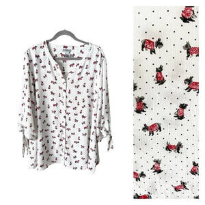 Catherine's Blouse Women's 2X Scottish Terrier Dog Print Button Down Dot 3/4 Top
